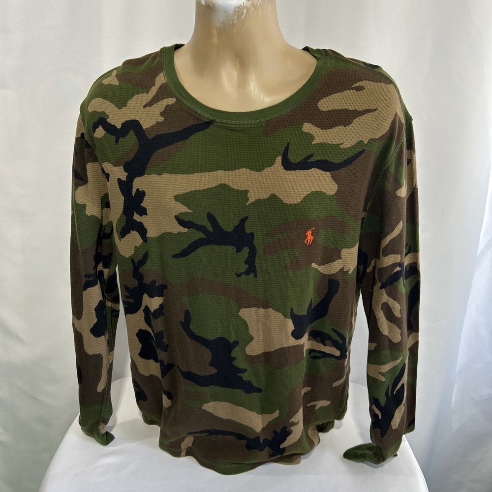 Polo Ralph Lauren Long Sleeve Shirt Mens Sz L Camo Waffle Knit Thermal Sleepwear